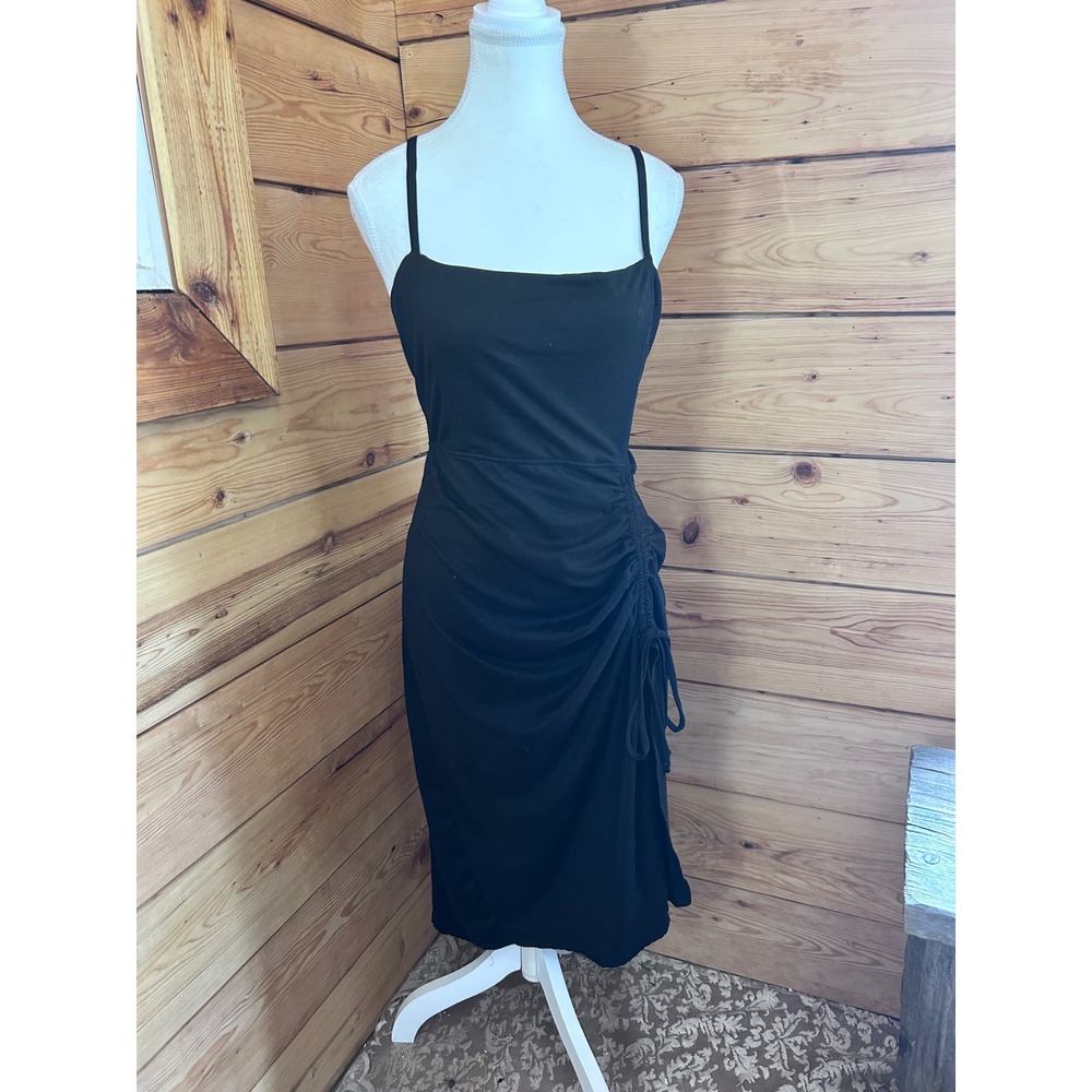Bluenotes Black Ruched Drawstring Midi‎ Dress Square Neck Bodycon Large